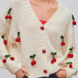 Cherry Embroidered Knit Cardigan Sweater